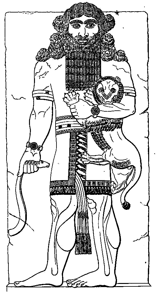 Drawing of Gilgamesh holding a lion.